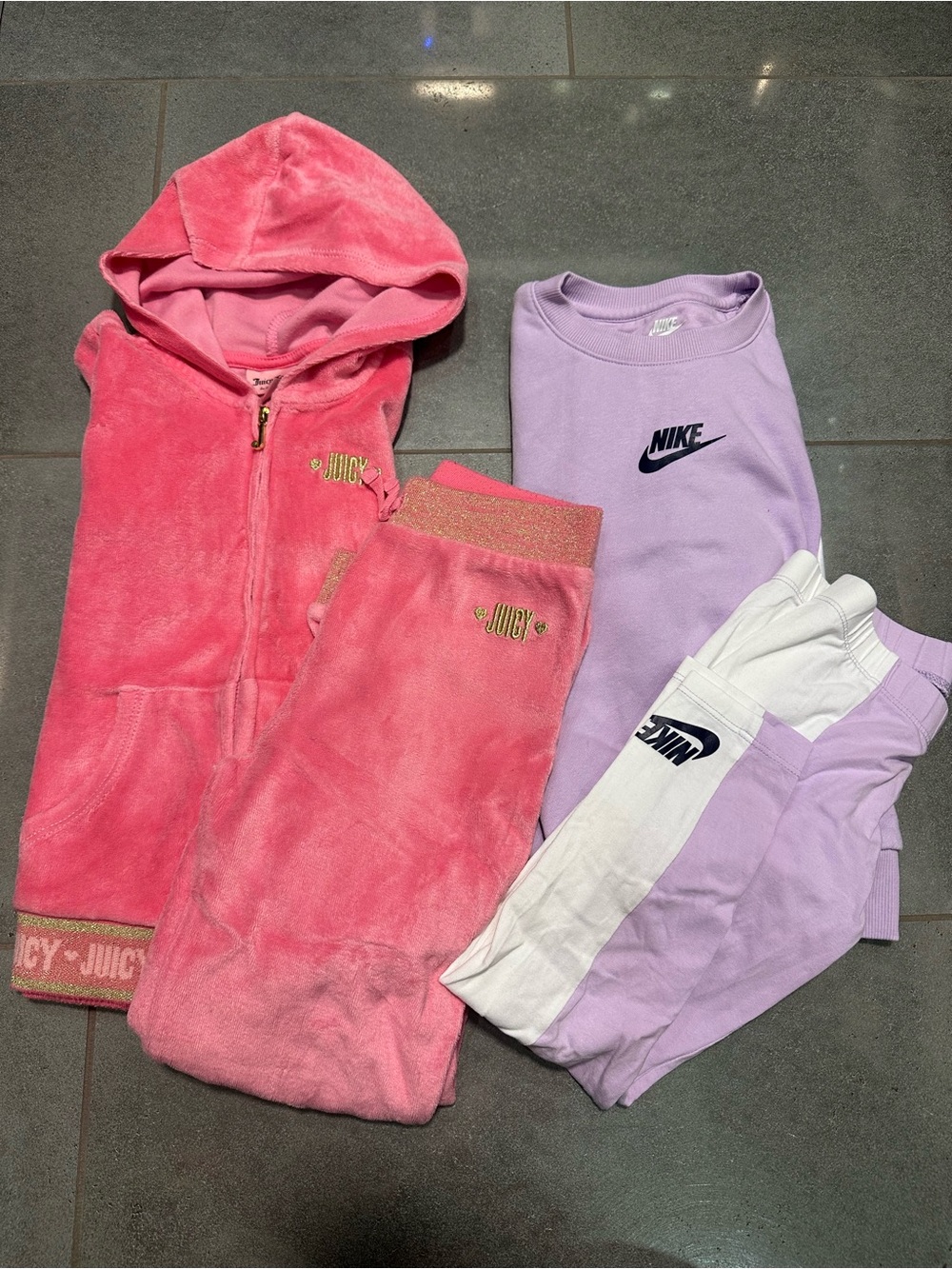 Juicy Nike 6 Girls Outfit Bundle Set, Pink Gold Purple White Hoodie Zip Suit